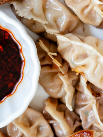 Chinese pork dumplings with spicy dipping sauce.