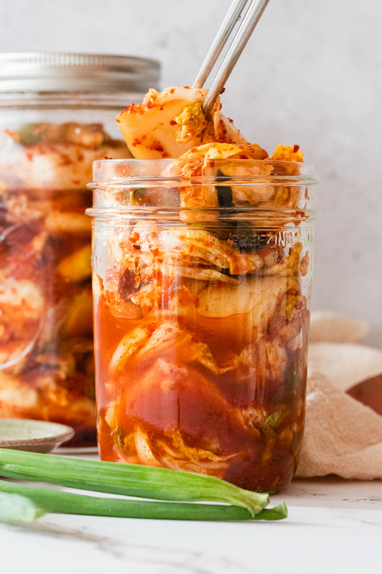 Homemade kimchi in jar.