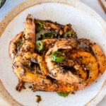 overhead shot of salt and pepper shrimp in plate