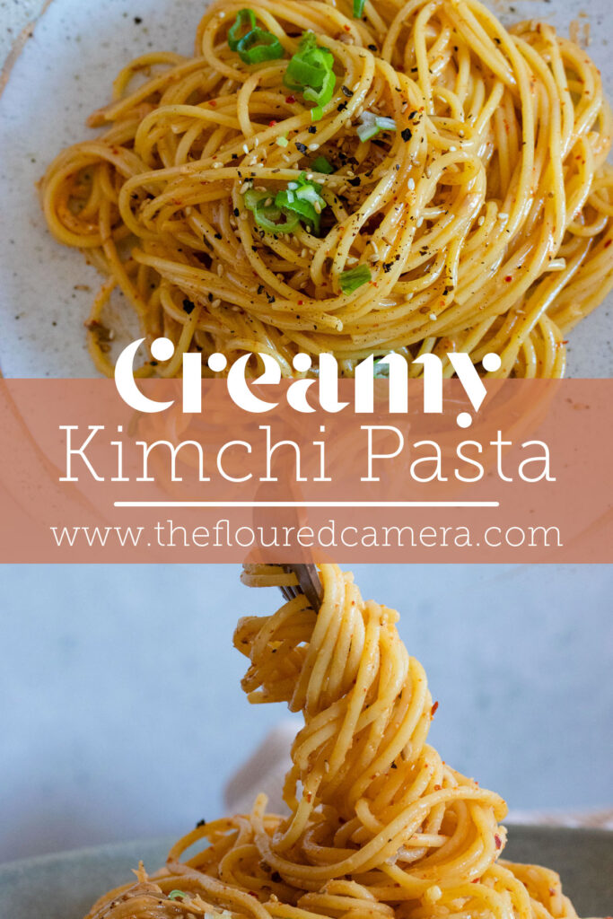 two images of creamy kimchi pasta