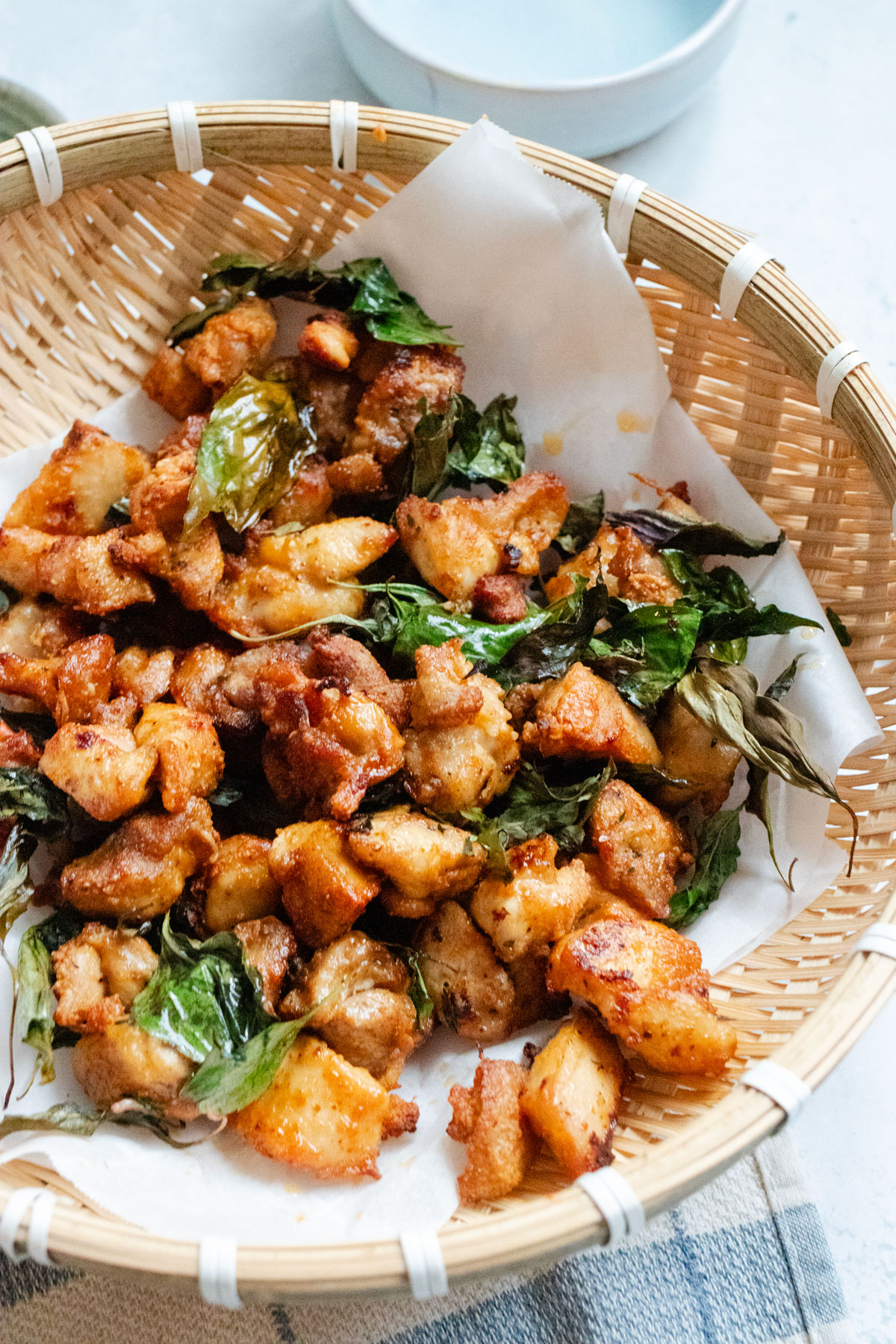 Air fryer Taiwanese popcorn chicken with Thai basil.