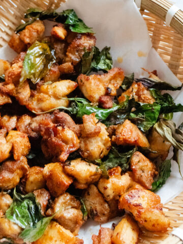 Air fryer Taiwanese popcorn chicken with Thai basil.