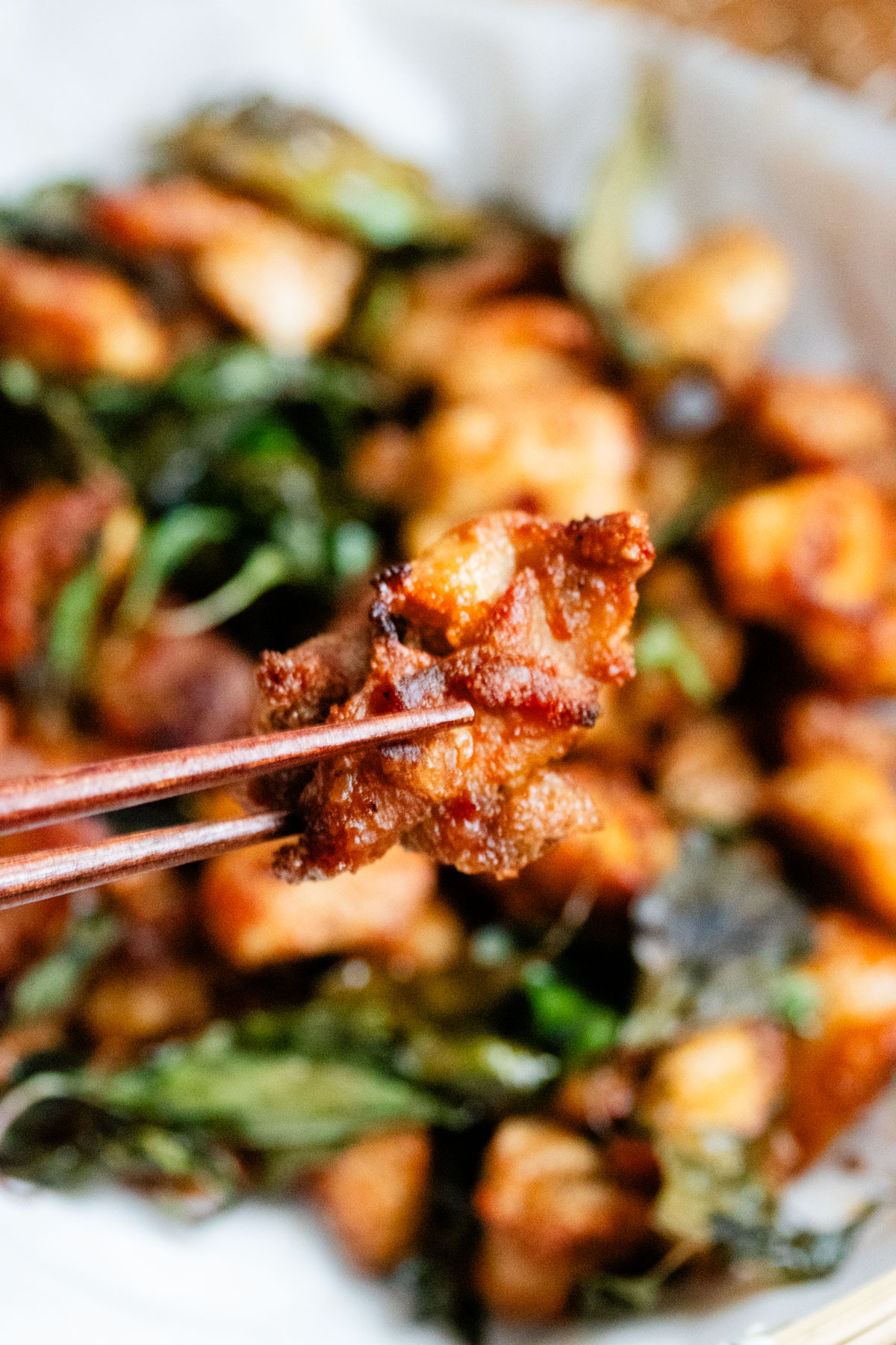 Air fryer Taiwanese popcorn chicken with Thai basil.