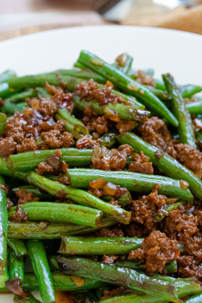 charred chinese sauteed green beans with beef