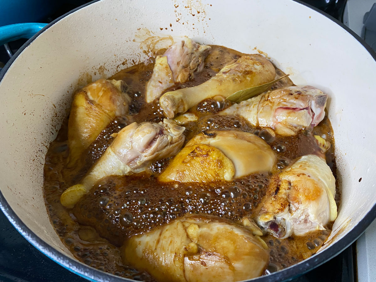 add soy sauce mixture, bay leaves and star anise in pot