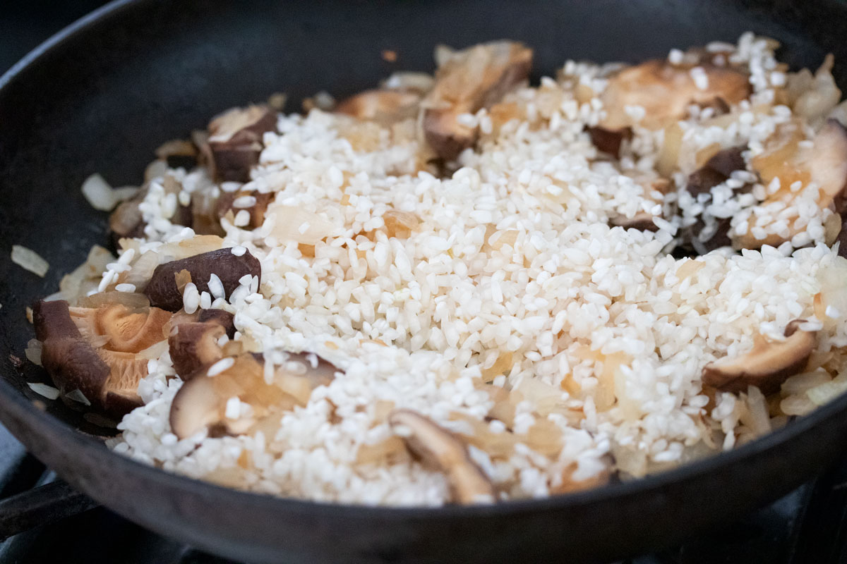 Toasting arborio rice.