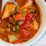 Tomato fish stew in bowl.