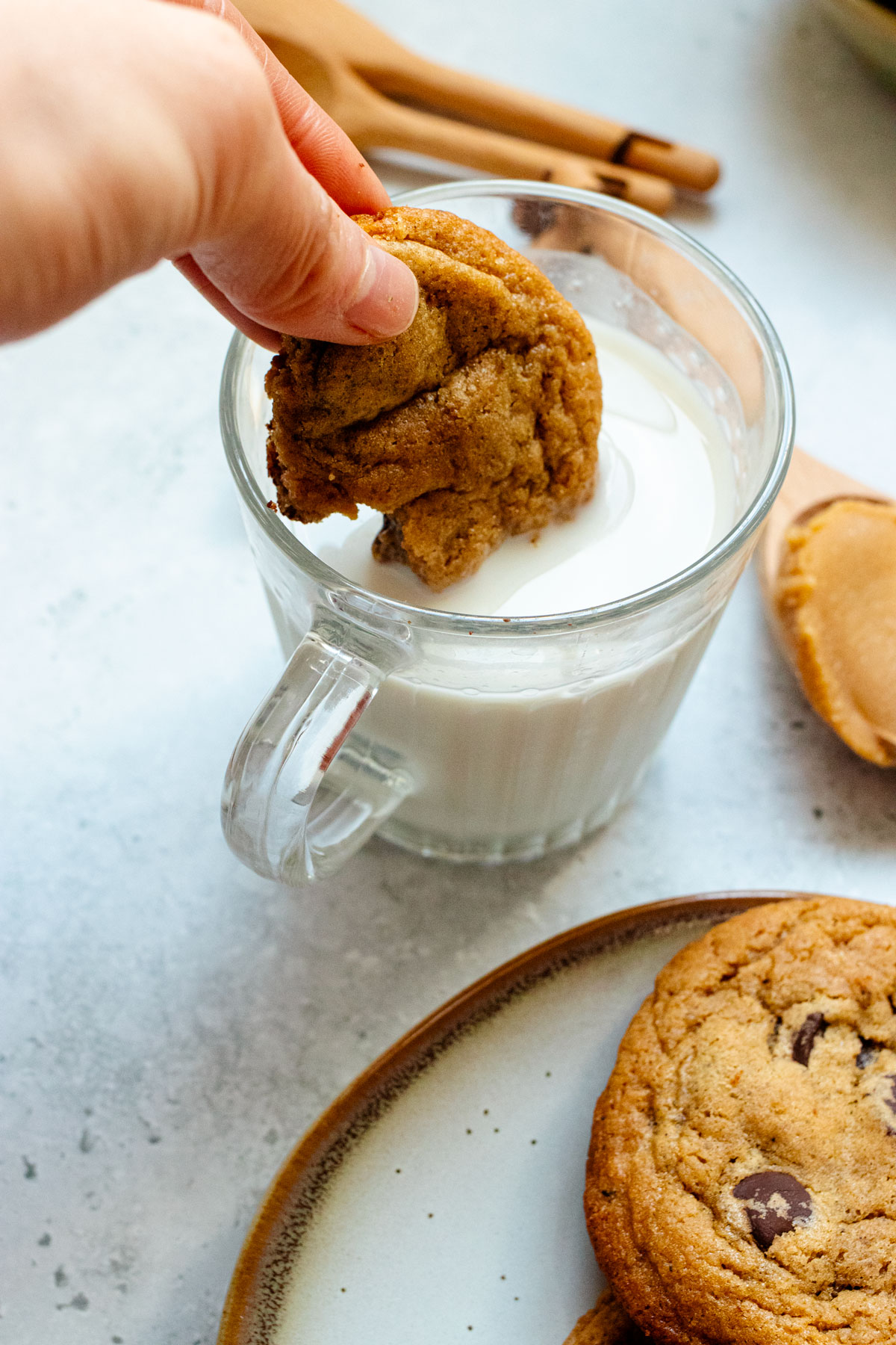 Dipping miso chocolate chip cookies in milk.