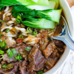 Taiwanese beef noodle soup in a bowl.