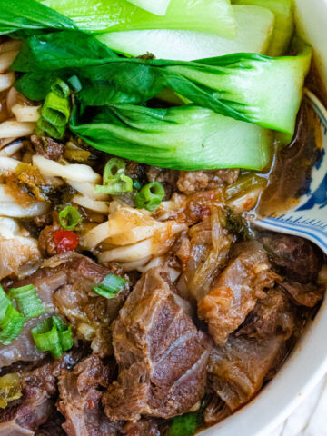 Taiwanese beef noodle soup in a bowl.