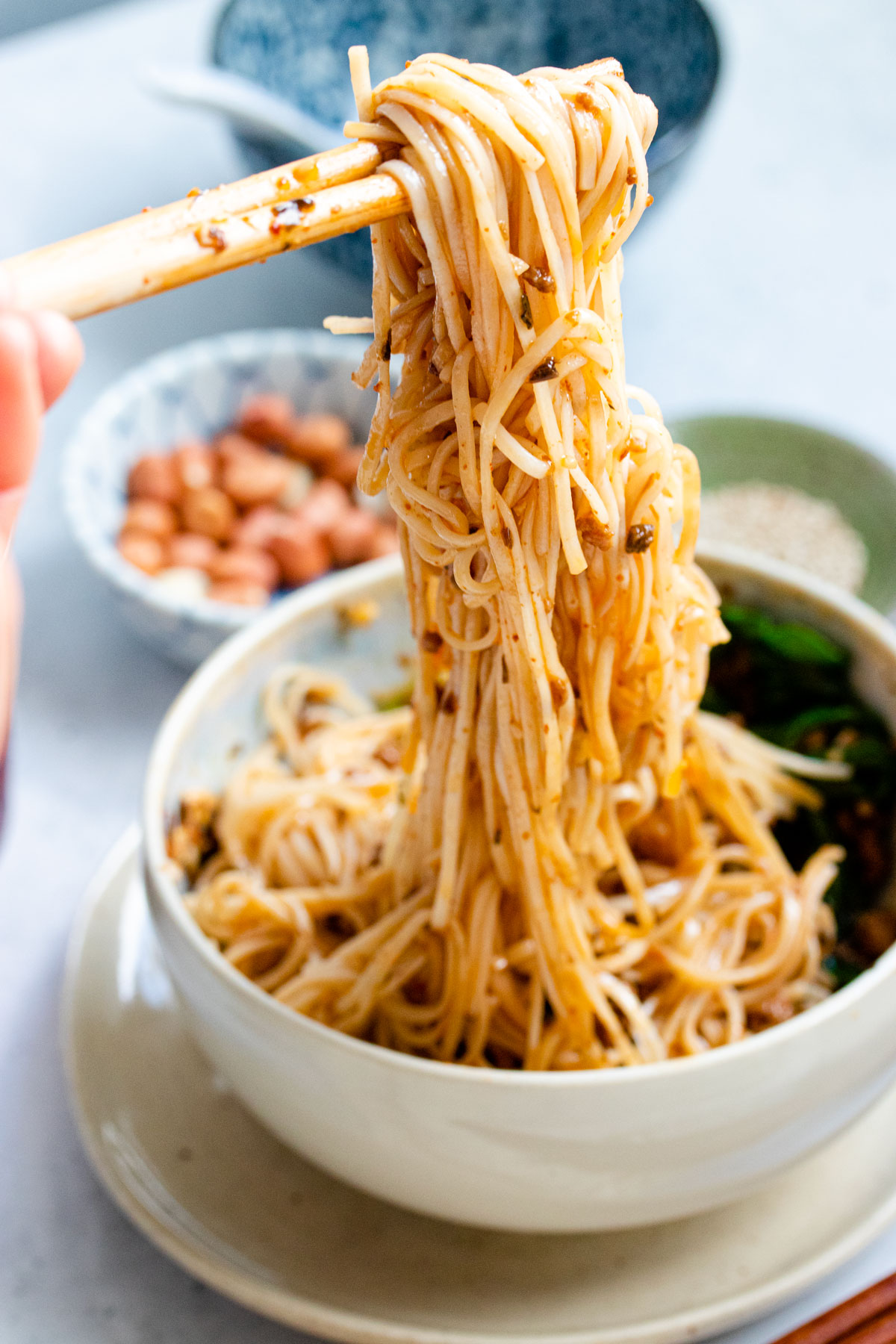 Dan dan noodles in a bowl.