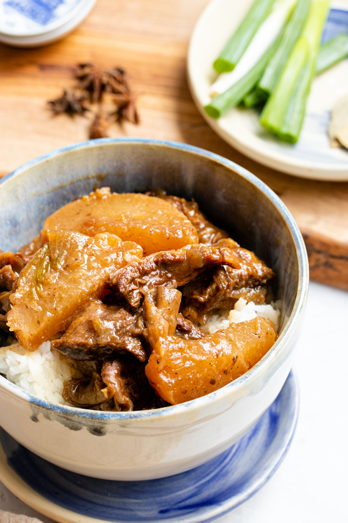 Instant Pot braised beef and daikon in a bowl.