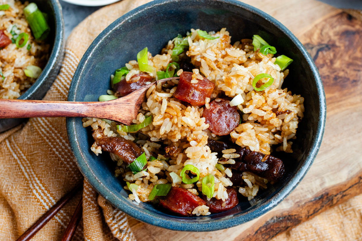 Chinese sausage rice with shiitake mushrooms.