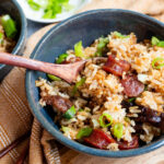 Chinese sausage rice with shiitake mushrooms