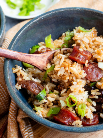 Chinese sausage rice with shiitake mushrooms