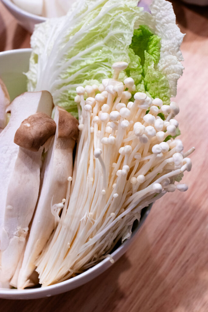 Prepared enoki mushrooms.