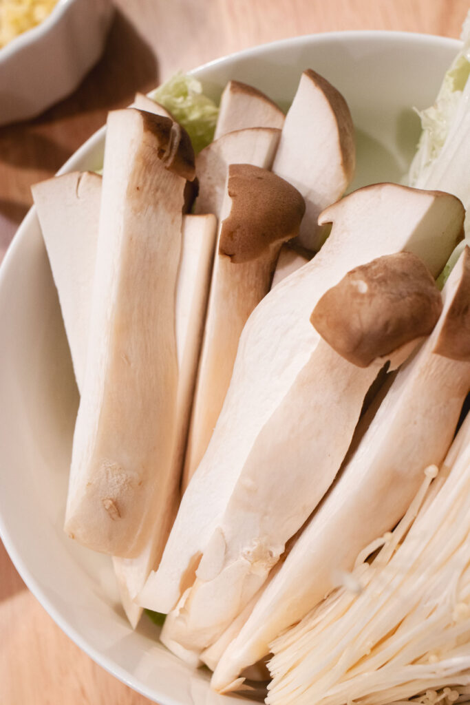 Sliced king oyster mushrooms.