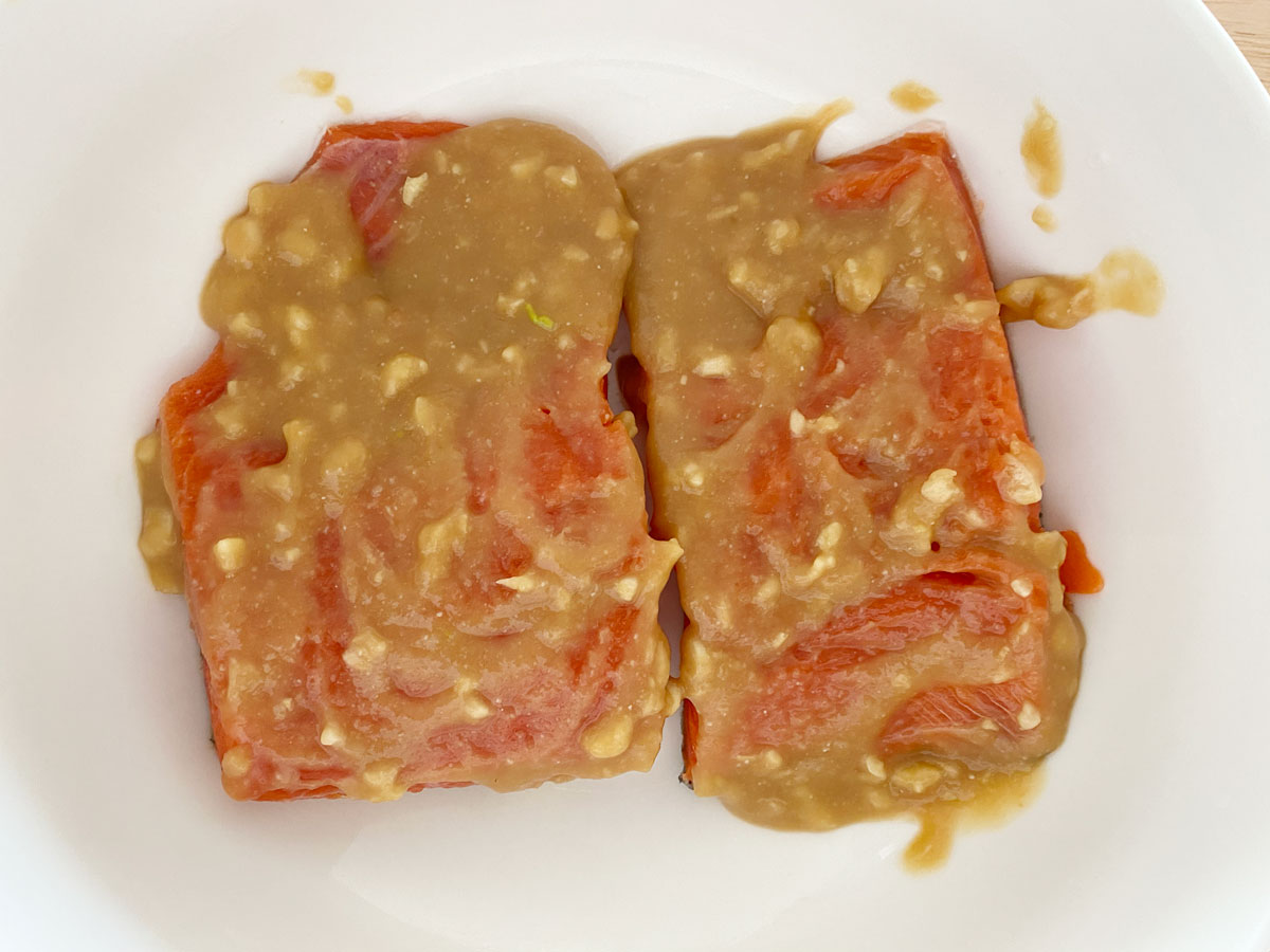 Marinade raw salmon with miso-honey mixture.