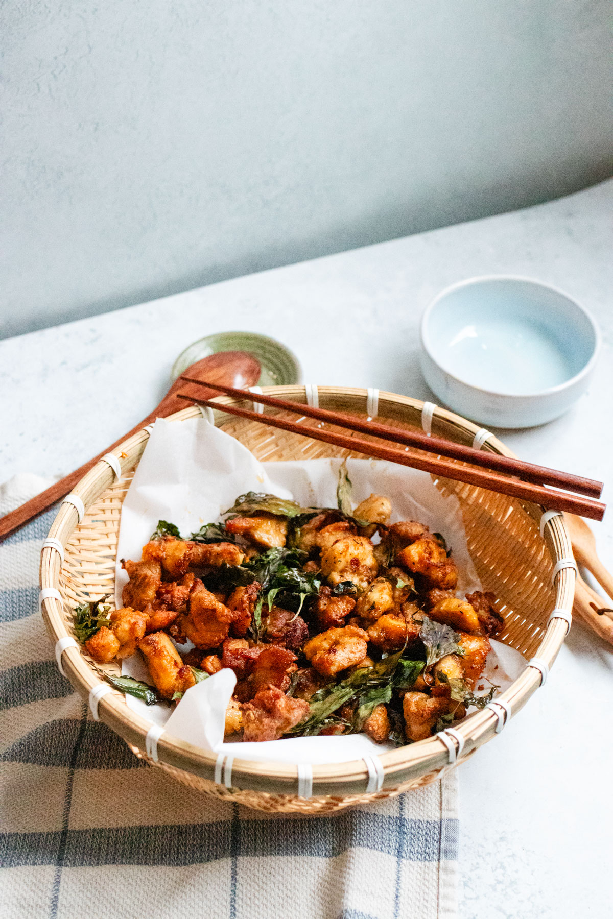 Air fryer Taiwanese popcorn chicken with Thai basil.