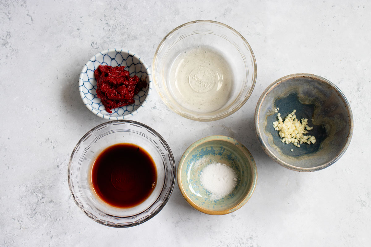 Ingredients for low carb Korean spicy cold noodles.